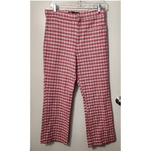 Zara NWOT High Waist Womens Pink Gingham Cotton Trousers‎ Pants Cropped Cotton